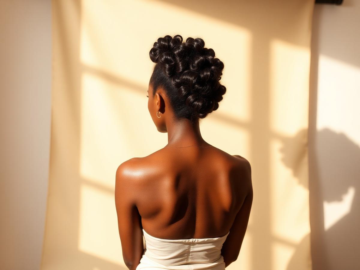 Back view of a sculpted curl-set updo in warm daylight