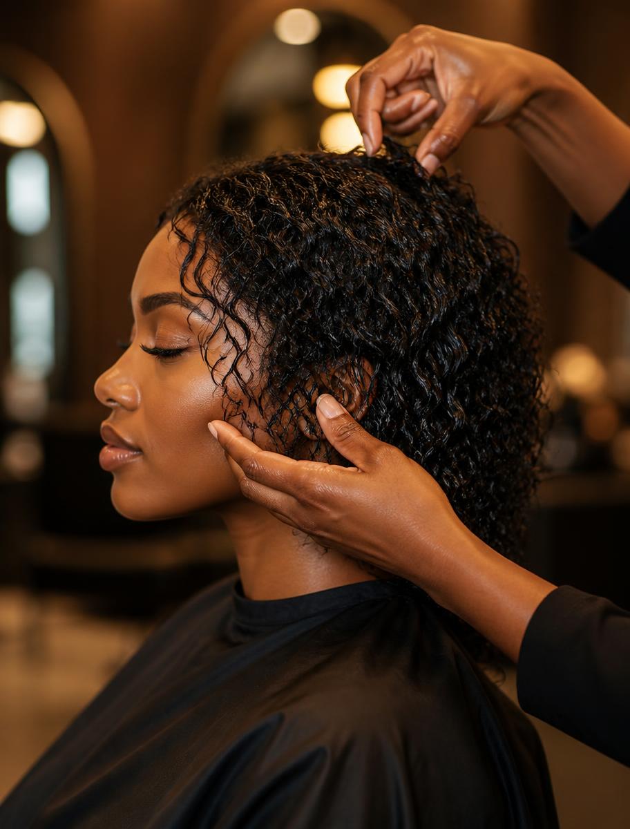 Stylist shaping freshly washed natural curls