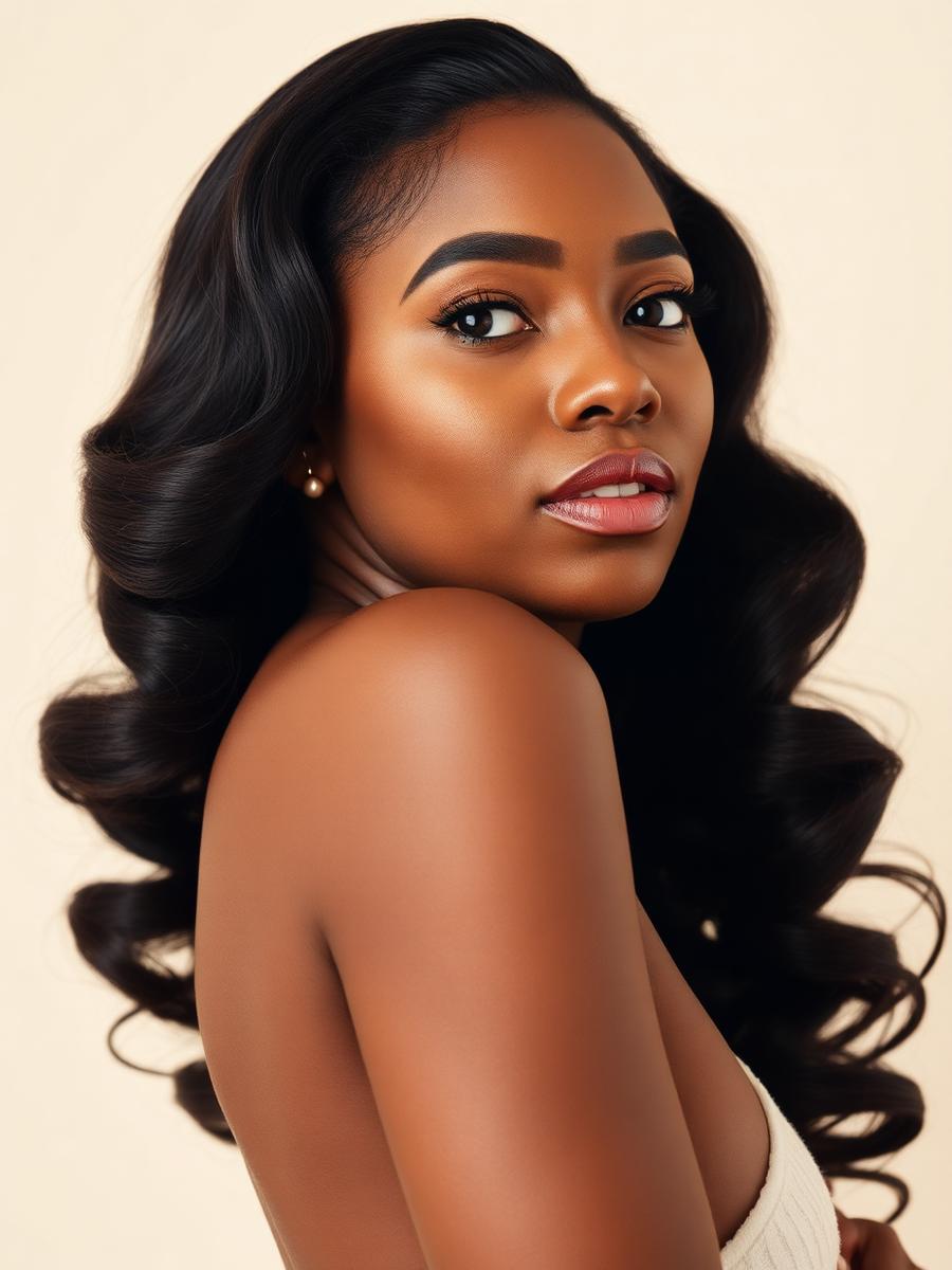 Portrait of a client with softly styled, glossy hair