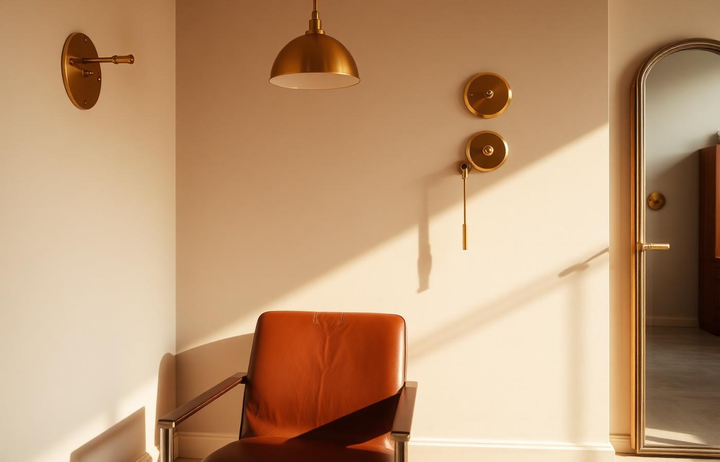 Warm, minimal salon interior with brass details and soft daylight
